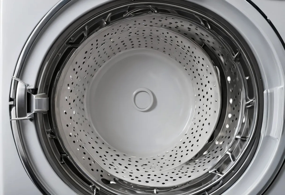 Eine geöffnete Waschmaschine mit Trommellager und Riemen in einer Werkstatt für Waschmaschinen