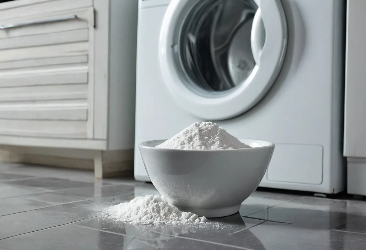 Entkalkerzubehör neben einem verkalkten Heizelement in einer Werkstatt für Waschmaschinen