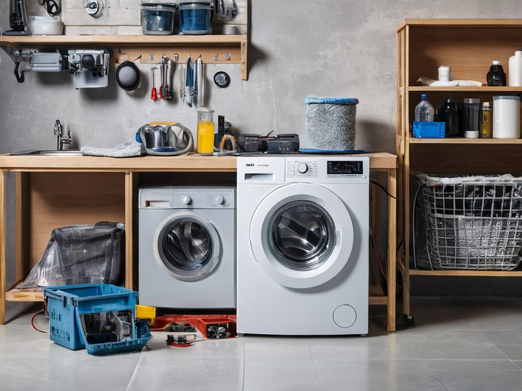 Waschmaschine in der Reparatur-Werkstatt mit Werkzeug